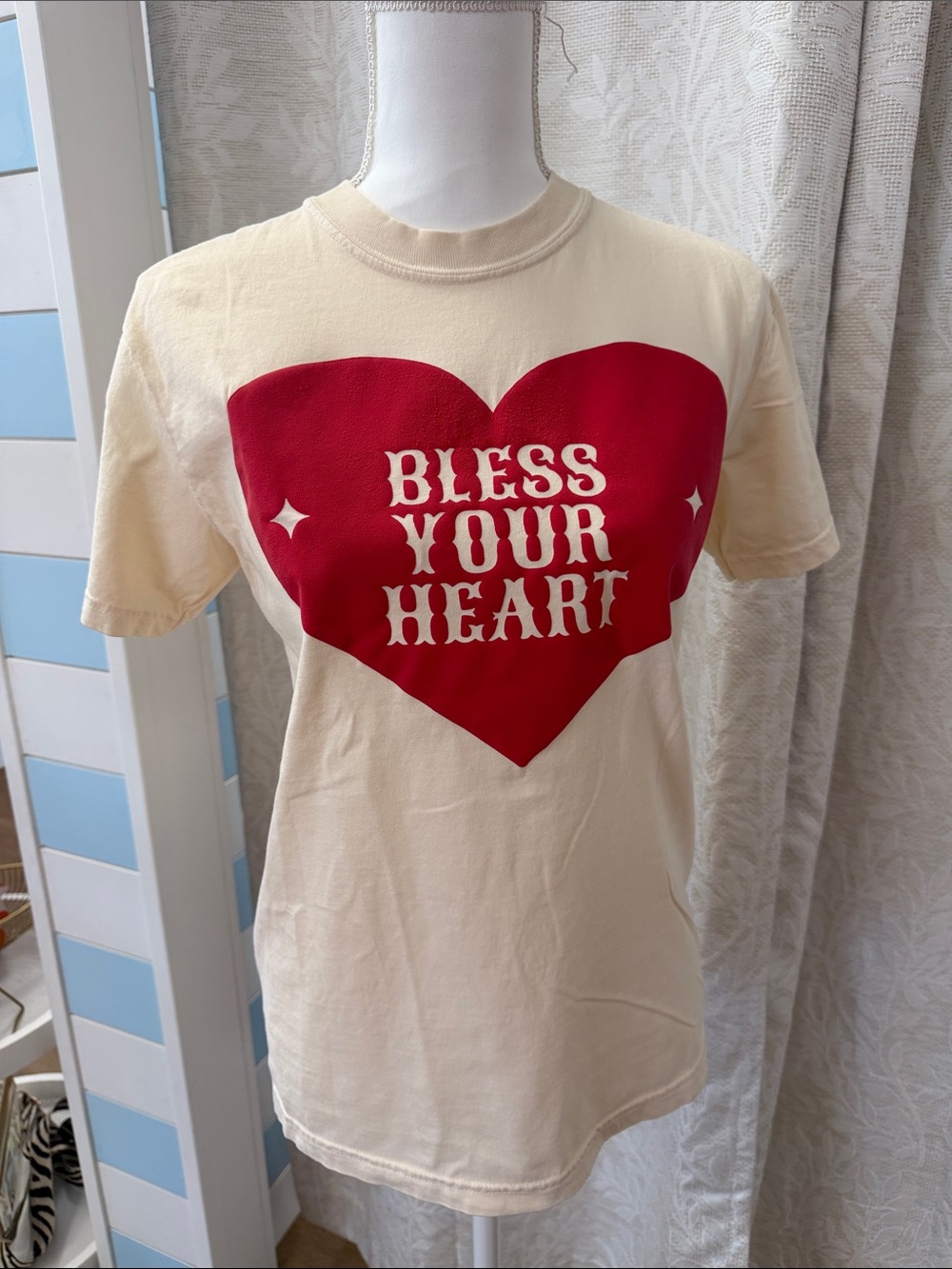 Cream Tee with Red Heart 'Bless Your Heart'